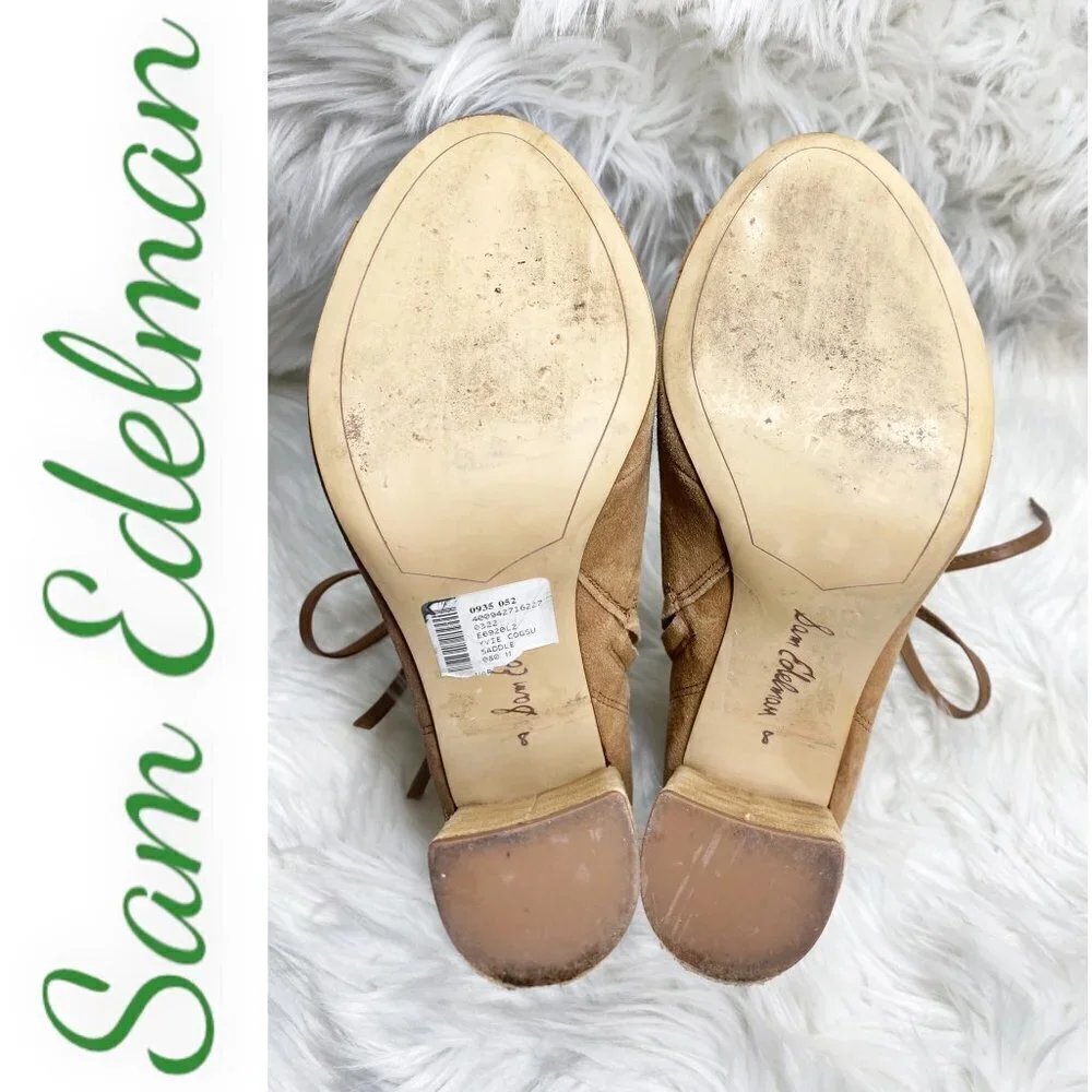 SAM EDELMAN YVIE Suede Open‎ Toe Lace Up Ankle Boot Saddle Brown, Size 8